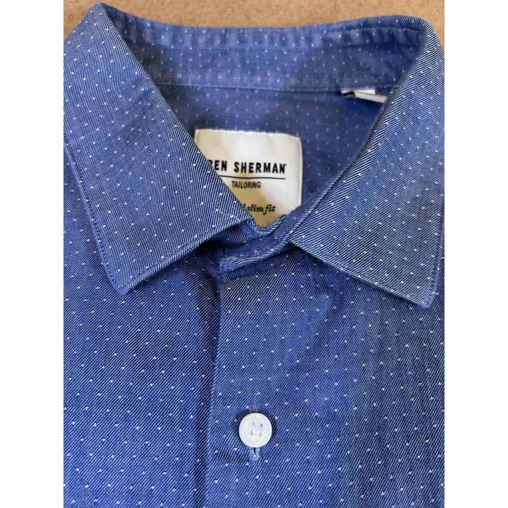 Ben‎ Sherman Tailored Slim Fit Button Down Long Sleeve Shirt Mens 15.5 Blue Dot
